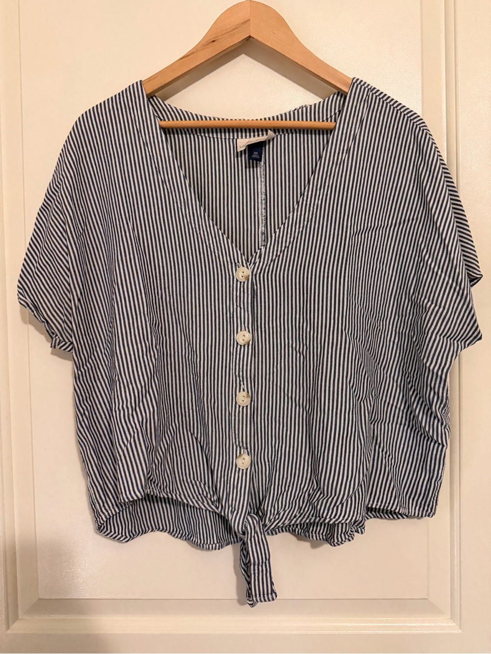 Universal Thread Navy and White Striped Button-Front Tie Waist Blouse